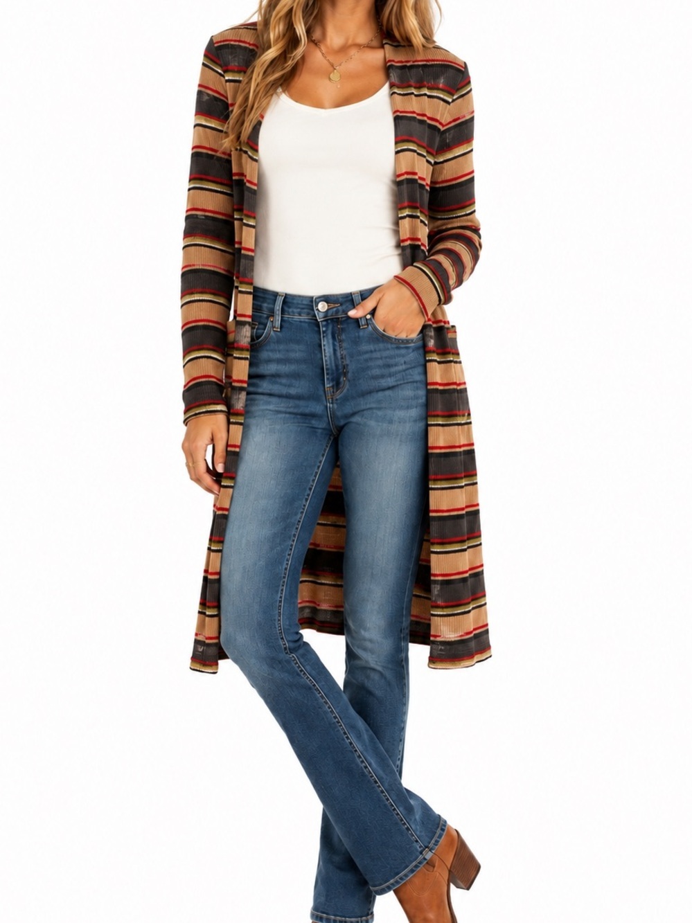 STRIPED OPEN FRONT FALL CARDIGAN BOHEMIAN DUSTER SZ SM